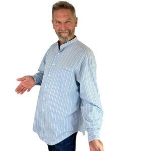 Evergreen Shirtmakers Banded Granddad Collar Blue Striped Dress Shirt Full Fit M
